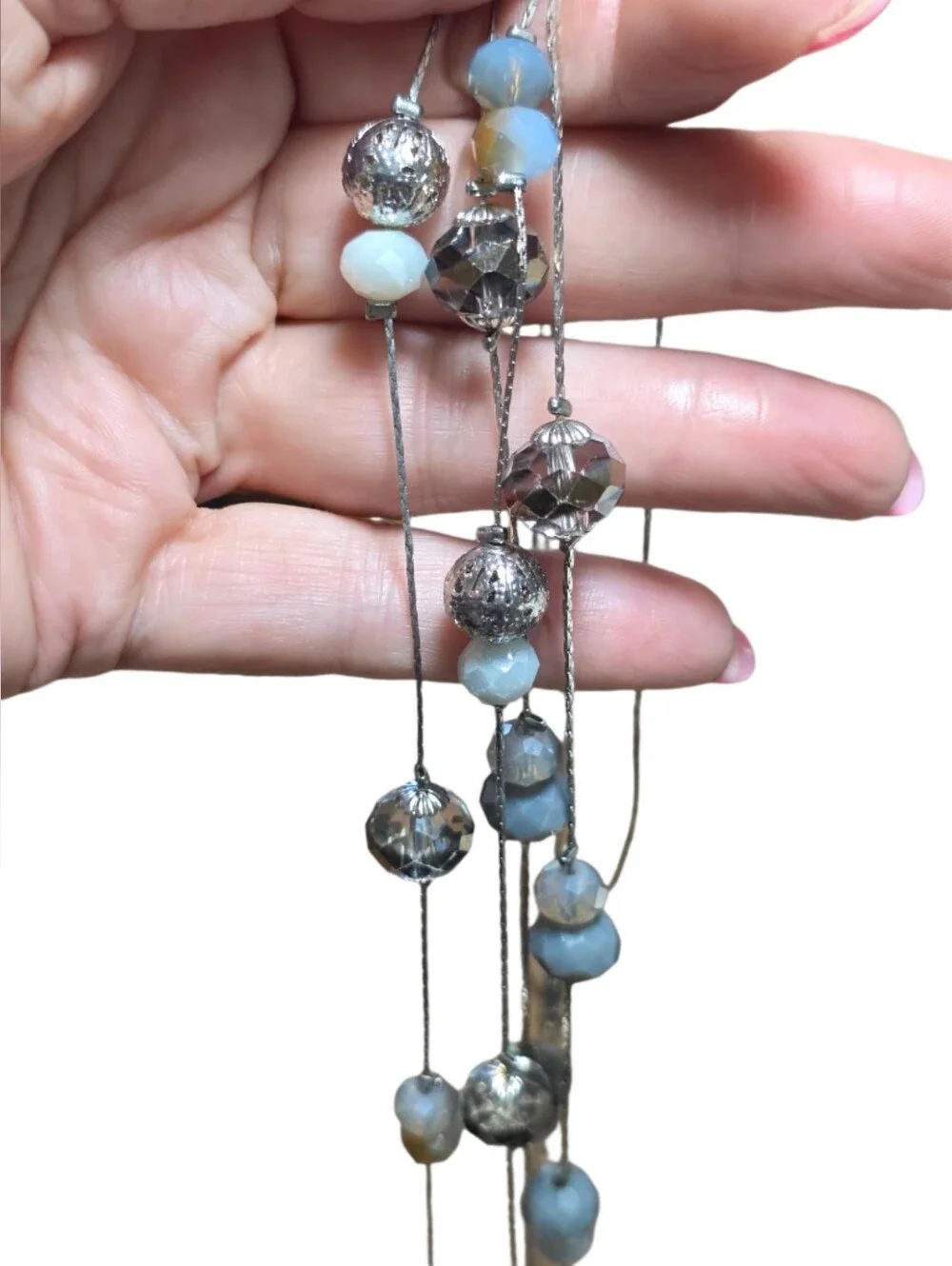 Multi-Tone Faceted Gray & Iridescent & Silver Bead Two Strand Long Necklace